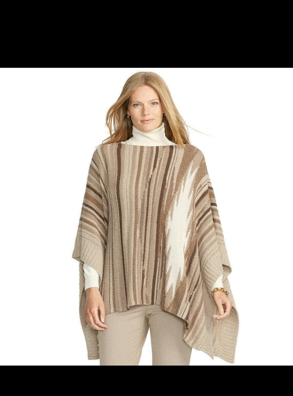 RALPH LAUREN Striped Knit Poncho Sweater in Neutral brown